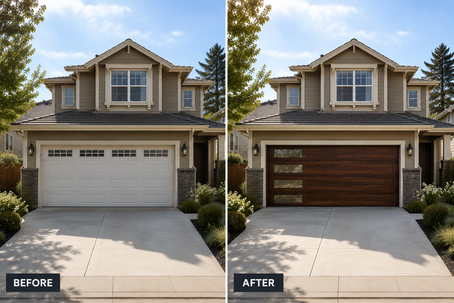 Before and after emergency spring and cable replacement on a Coombsville Napa garage door